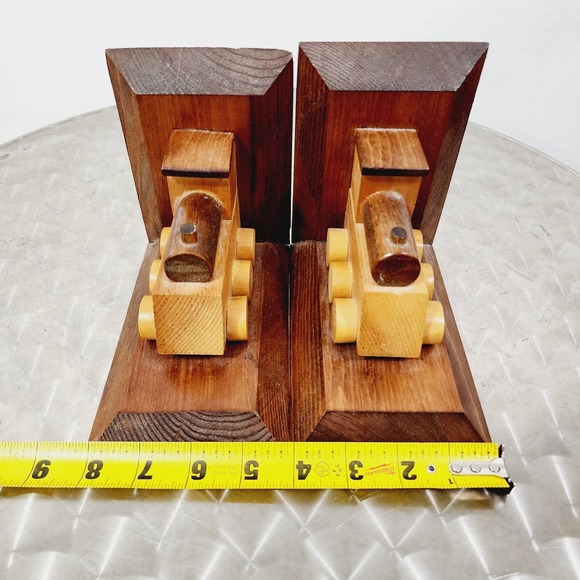 Vintage Wooden Hand Made Train Bookends Library Primitive Classic Americana - Picture 16 of 16